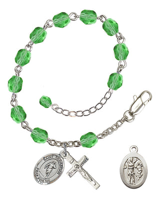 Adjustable Silver Plated 6mm Fire Polished Saint Sebastian / Rugby Rosary Bracelet in Peridot