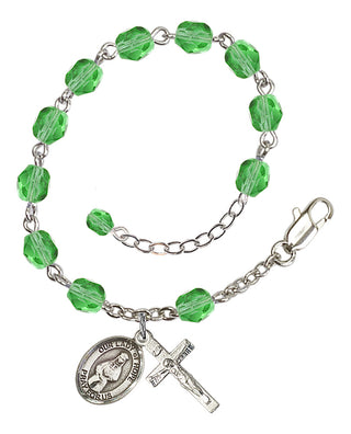 Silver-Plated 6mm Fire-Polished Our Lady of Hope Rosary Bracelet in Peridot Engraved Catholic Saint Jewelry