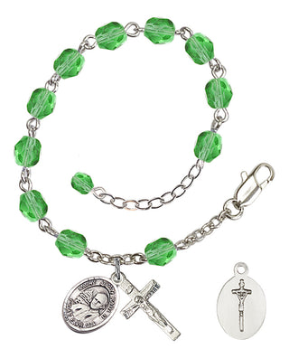 Adjustable Silver Plated 6mm Fire Polished Saint John Paul II Rosary Bracelet in Peridot