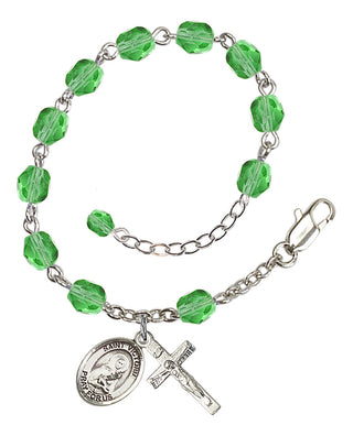 Silver-Plated 6mm Fire-Polished Saint Victoria Rosary Bracelet in Peridot Engraved Catholic Saint Jewelry