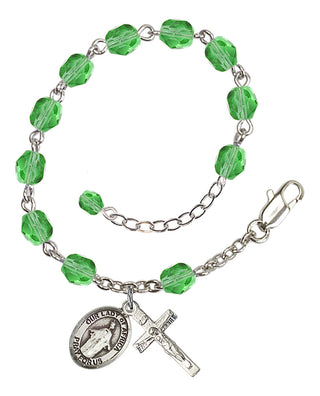 Silver-Plated 6mm Fire-Polished Our Lady of Africa Rosary Bracelet in Peridot Engraved Catholic Saint Jewelry