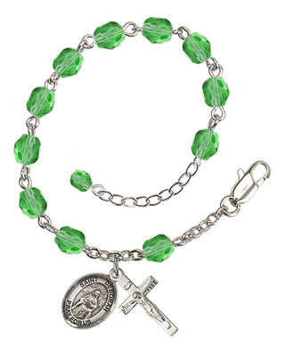 Silver-Plated 6mm Fire-Polished Saint Deborah Rosary Bracelet in Peridot Engraved Catholic Saint Jewelry