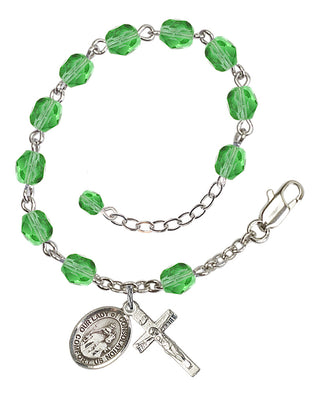Silver-Plated 6mm Fire-Polished Our Lady of Consolation Rosary Bracelet in Peridot Engraved Catholic Saint Jewelry