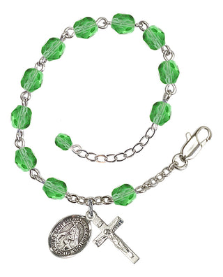 Silver-Plated 6mm Fire-Polished Saint Margaret of Cortona Rosary Bracelet in Peridot Engraved Catholic Saint Jewelry