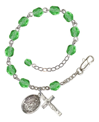 Silver-Plated 6mm Fire-Polished Saint Thomas of Villanova Rosary Bracelet in Peridot Engraved Catholic Saint Jewelry
