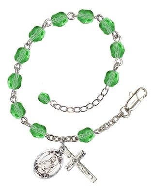 Silver-Plated 6mm Fire-Polished Saint Lucy Rosary Bracelet in Peridot Engraved Catholic Saint Jewelry