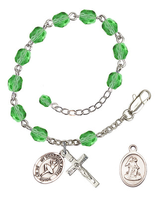 Silver-Plated 6mm Fire-Polished Guardian Angel/Dance Rosary Bracelet in Peridot Engraved Catholic Saint Jewelry