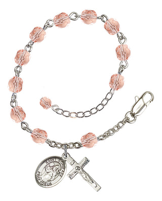 Silver-Plated 6mm Fire-Polished Saint Boniface Rosary Bracelet in Pink Engraved Catholic Saint Jewelry