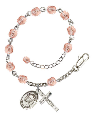 Silver-Plated 6mm Fire-Polished Saint Edward the Confessor Rosary Bracelet in Pink Engraved Catholic Saint Jewelry