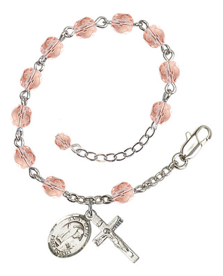 Silver-Plated 6mm Fire-Polished Saint Elmo Rosary Bracelet in Pink Engraved Catholic Saint Jewelry