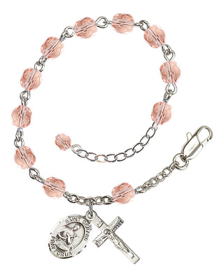 Silver-Plated 6mm Fire-Polished Saint Gerard Majella Rosary Bracelet in Pink Engraved Catholic Saint Jewelry