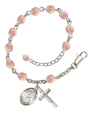 Silver-Plated 6mm Fire-Polished Saint Margaret Mary Alacoque Rosary Bracelet in Pink Engraved Catholic Saint Jewelry