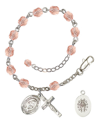 Silver-Plated 6mm Fire-Polished Miraculous Rosary Bracelet in Pink Engraved Catholic Saint Jewelry