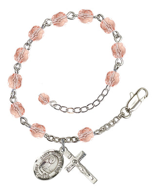 Silver-Plated 6mm Fire-Polished Saint Bonaventure Rosary Bracelet in Pink Engraved Catholic Saint Jewelry