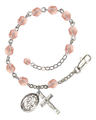 Silver-Plated 6mm Fire-Polished Our Lady Star of the Sea Rosary Bracelet in Pink Engraved Catholic Saint Jewelry