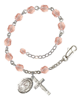 Silver-Plated 6mm Fire-Polished Our Lady of la Vang Rosary Bracelet in Pink Engraved Catholic Saint Jewelry
