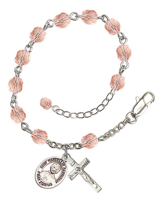 Silver-Plated 6mm Fire-Polished Saint Marcellin Champagnat Rosary Bracelet in Pink Engraved Catholic Saint Jewelry