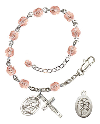 Adjustable Silver Plated 6mm Fire Polished Saint Sebastian/Soccer Rosary Bracelet in Pink