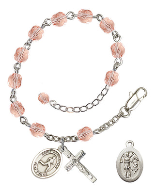 Adjustable Silver Plated 6mm Fire Polished Saint Sebastian/Track & Field Rosary Bracelet in Pink