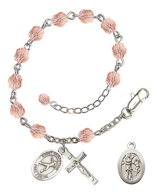 Adjustable Silver Plated 6mm Fire Polished Saint Sebastian/Figure Skating Rosary Bracelet in Pink
