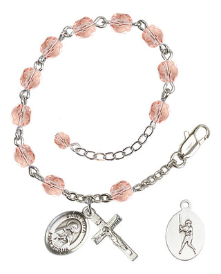Adjustable Silver Plated 6mm Fire Polished Saint Rita / Baseball Rosary Bracelet in Pink