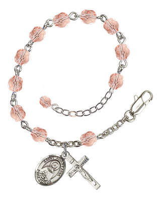 Silver-Plated 6mm Fire-Polished Saint Anastasia Rosary Bracelet in Pink Engraved Catholic Saint Jewelry