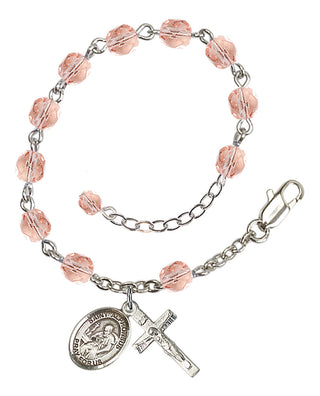Silver-Plated 6mm Fire-Polished Saint Alphonsus Rosary Bracelet in Pink Engraved Catholic Saint Jewelry