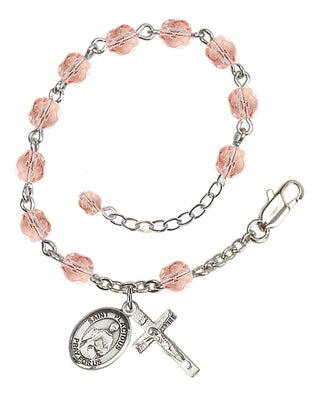 Silver-Plated 6mm Fire-Polished Saint Placidus Rosary Bracelet in Pink Engraved Catholic Saint Jewelry