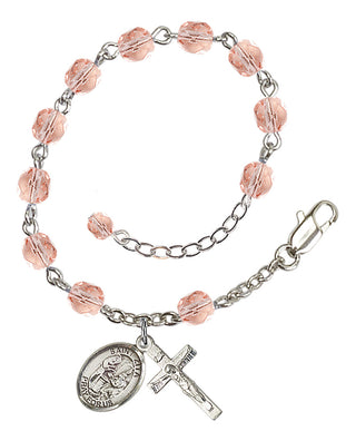 Silver-Plated 6mm Fire-Polished Saint Zita Rosary Bracelet in Pink Engraved Catholic Saint Jewelry