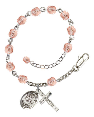 Silver-Plated 6mm Fire-Polished Saint Isabella of Portugal Rosary Bracelet in Pink Engraved Catholic Saint Jewelry