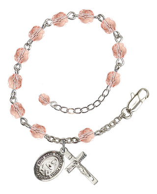 Silver-Plated 6mm Fire-Polished Saint Marie Magdalen Postel Rosary Bracelet in Pink Engraved Catholic Saint Jewelry