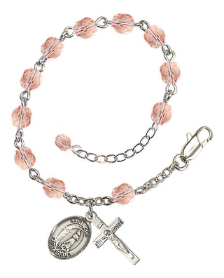 Silver-Plated 6mm Fire-Polished Saint Zoe of Rome Rosary Bracelet in Pink Engraved Catholic Saint Jewelry