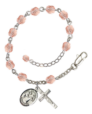 Silver-Plated 6mm Fire-Polished Saint Columbanus Rosary Bracelet in Pink Engraved Catholic Saint Jewelry