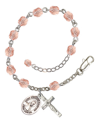 Silver-Plated 6mm Fire-Polished Saint Edmund Campion Rosary Bracelet in Pink Engraved Catholic Saint Jewelry