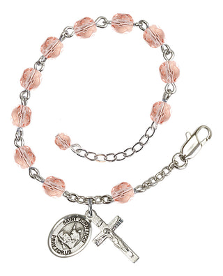 Silver-Plated 6mm Fire-Polished Saint John Licci Rosary Bracelet in Pink Engraved Catholic Saint Jewelry