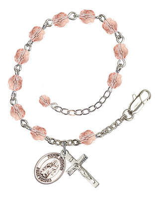 Silver-Plated 6mm Fire-Polished Saint Drogo Rosary Bracelet in Pink Engraved Catholic Saint Jewelry