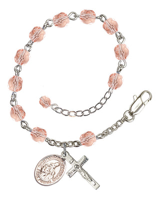 Silver-Plated 6mm Fire-Polished Saint Margaret of Scotland Rosary Bracelet in Pink Engraved Catholic Saint Jewelry