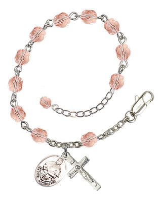 Adjustable Silver Plated 6mm Fire Polished Pope Francis Rosary Bracelet in Pink