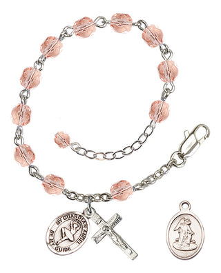 Silver-Plated 6mm Fire-Polished Guardian Angel/Dance Rosary Bracelet in Pink Engraved Catholic Saint Jewelry
