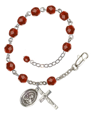 Silver-Plated 6mm Fire-Polished Saint Francis Xavier Rosary Bracelet in Ruby Engraved Catholic Saint Jewelry