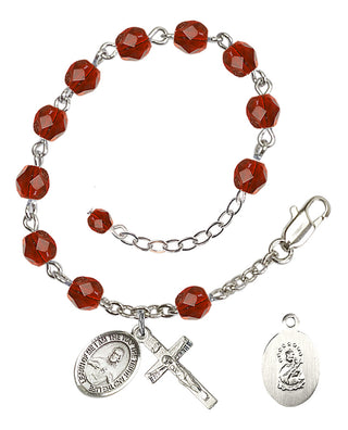 Silver-Plated 6mm Fire-Polished Scapular Rosary Bracelet in Ruby Engraved Catholic Saint Jewelry