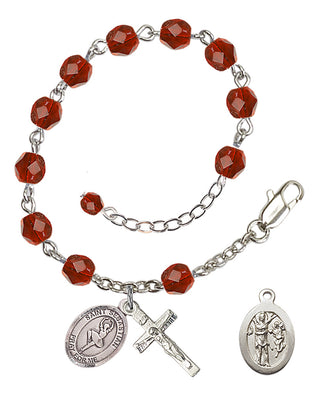Silver-Plated 6mm Fire-Polished Saint Sebastian/Dance Rosary Bracelet in Ruby Engraved Catholic Saint Jewelry