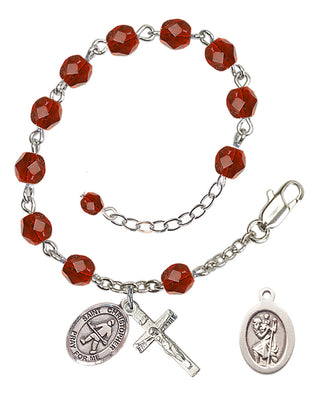 Silver-Plated 6mm Fire-Polished Saint Christopher / Field Hockey Rosary Bracelet in Ruby Engraved Catholic Saint Jewelry