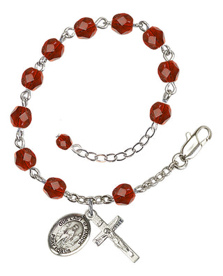 Silver-Plated 6mm Fire-Polished Our Lady of Knock Rosary Bracelet in Ruby Engraved Catholic Saint Jewelry