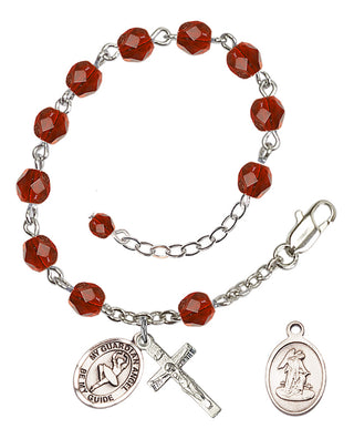 Silver-Plated 6mm Fire-Polished Guardian Angel/Dance Rosary Bracelet in Ruby Engraved Catholic Saint Jewelry