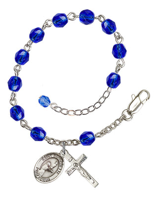 Silver-Plated 6mm Fire-Polished Saint Bernadette Rosary Bracelet in Sapphire Engraved Catholic Saint Jewelry