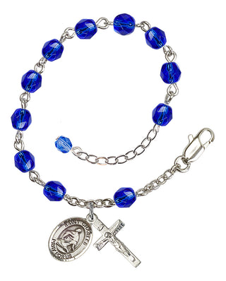 Silver-Plated 6mm Fire-Polished Saint Charles Borromeo Rosary Bracelet in Sapphire Engraved Catholic Saint Jewelry