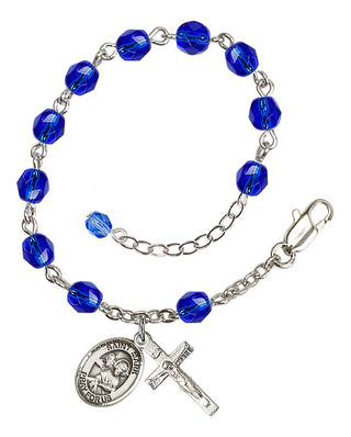 Silver-Plated 6mm Fire-Polished Saint Mark the Evangelist Rosary Bracelet in Sapphire Engraved Catholic Saint Jewelry