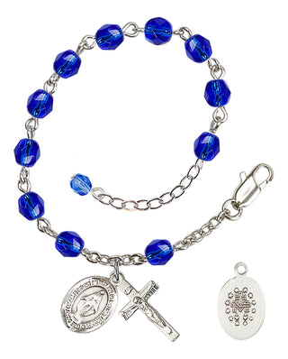 Silver-Plated 6mm Fire-Polished Miraculous Rosary Bracelet in Sapphire Engraved Catholic Saint Jewelry