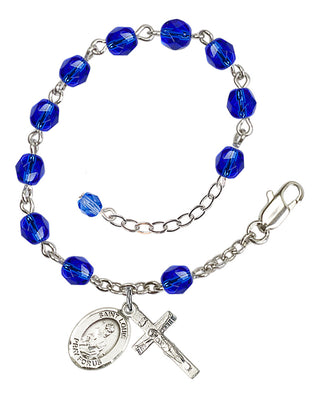 Silver-Plated 6mm Fire-Polished Saint Louis Rosary Bracelet in Sapphire Engraved Catholic Saint Jewelry